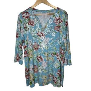 Belle by Kim Gravel Top Blouse Womens Large Floral Cottage Embroidered Knit Blue